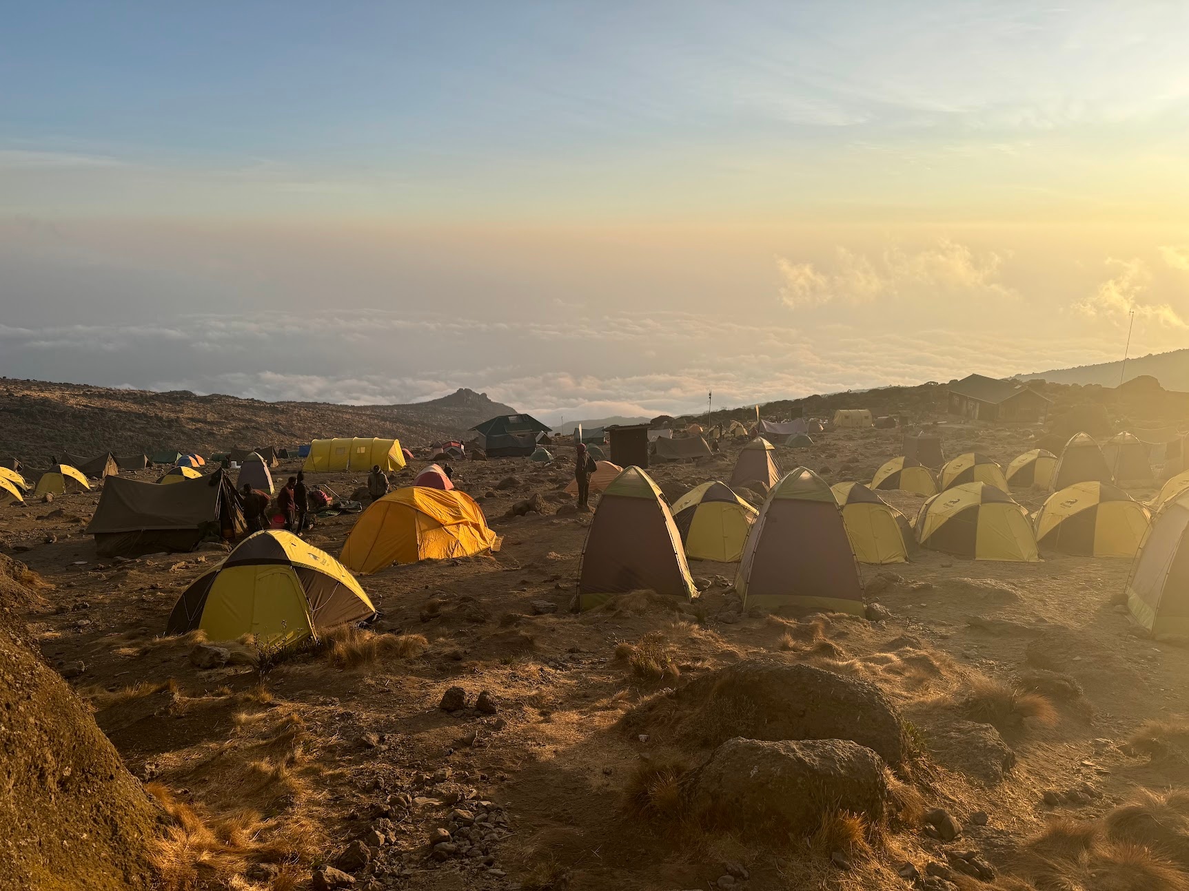 Sunset at Karanga Camp, clouds covering the horizon