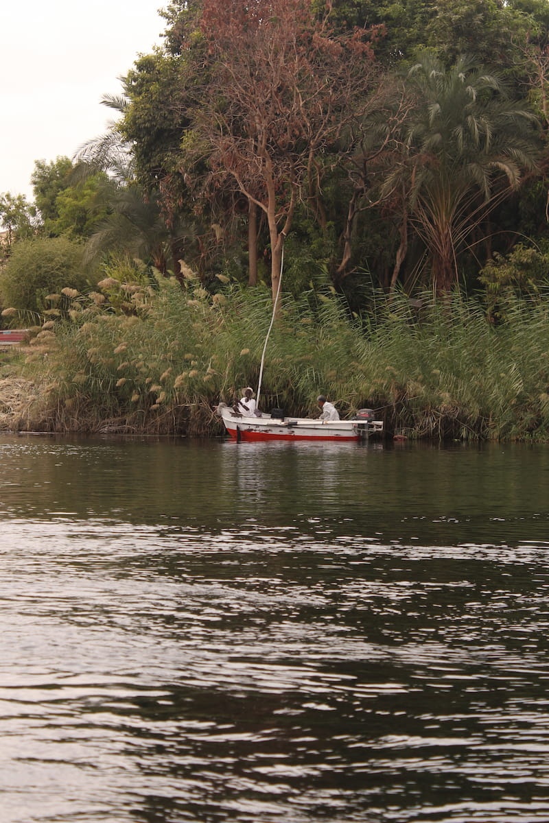 Two people on a boat parked in the shade of trees on a tiny island in the middle of the river