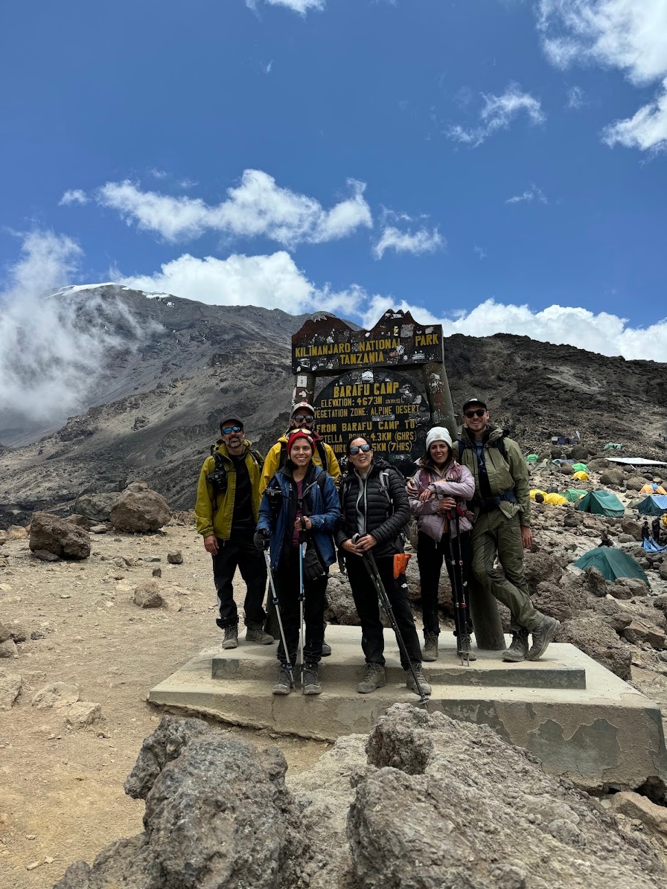 The group standing in front of the Barafu Camp sign, 4673m altitude