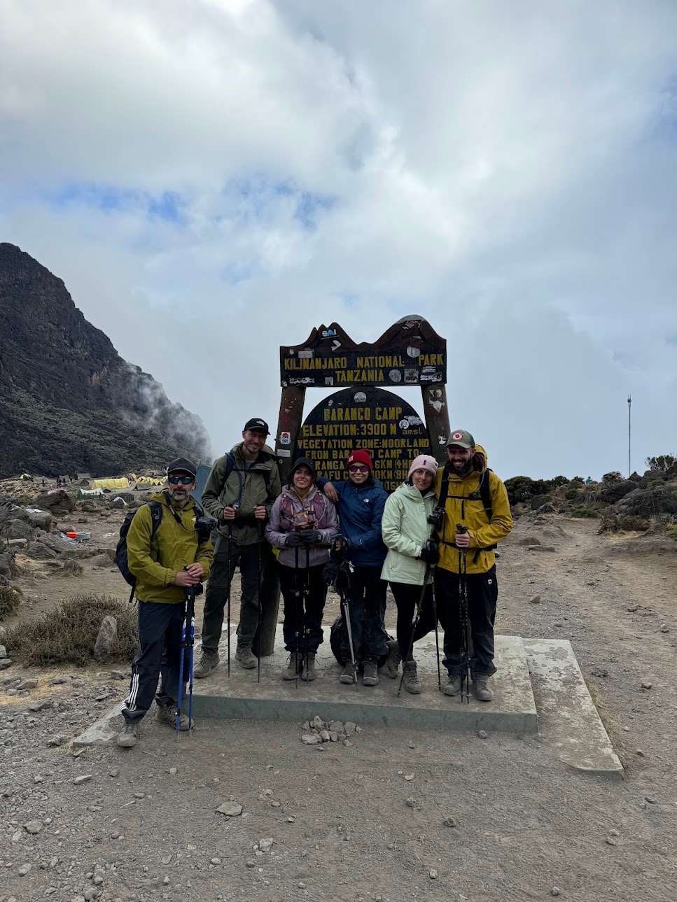 Lupini Team posing in front of the Baranco Camp sign, 3900m altitude