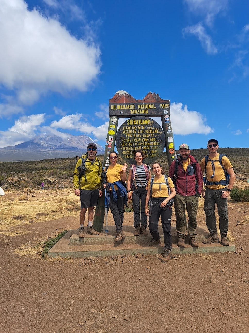 The team at Shira I Camp sign, 3600m altitude