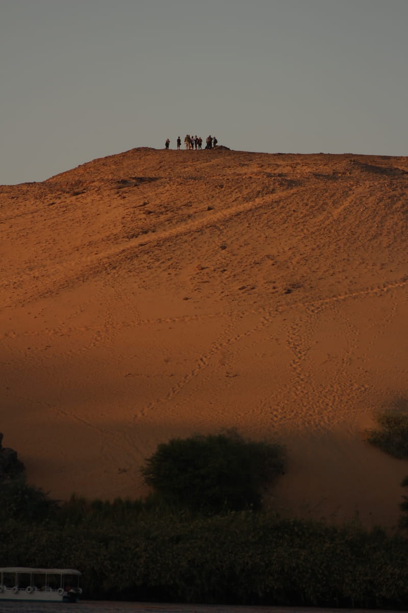 A group of people in the distance standing on top of a tall dune during sunset