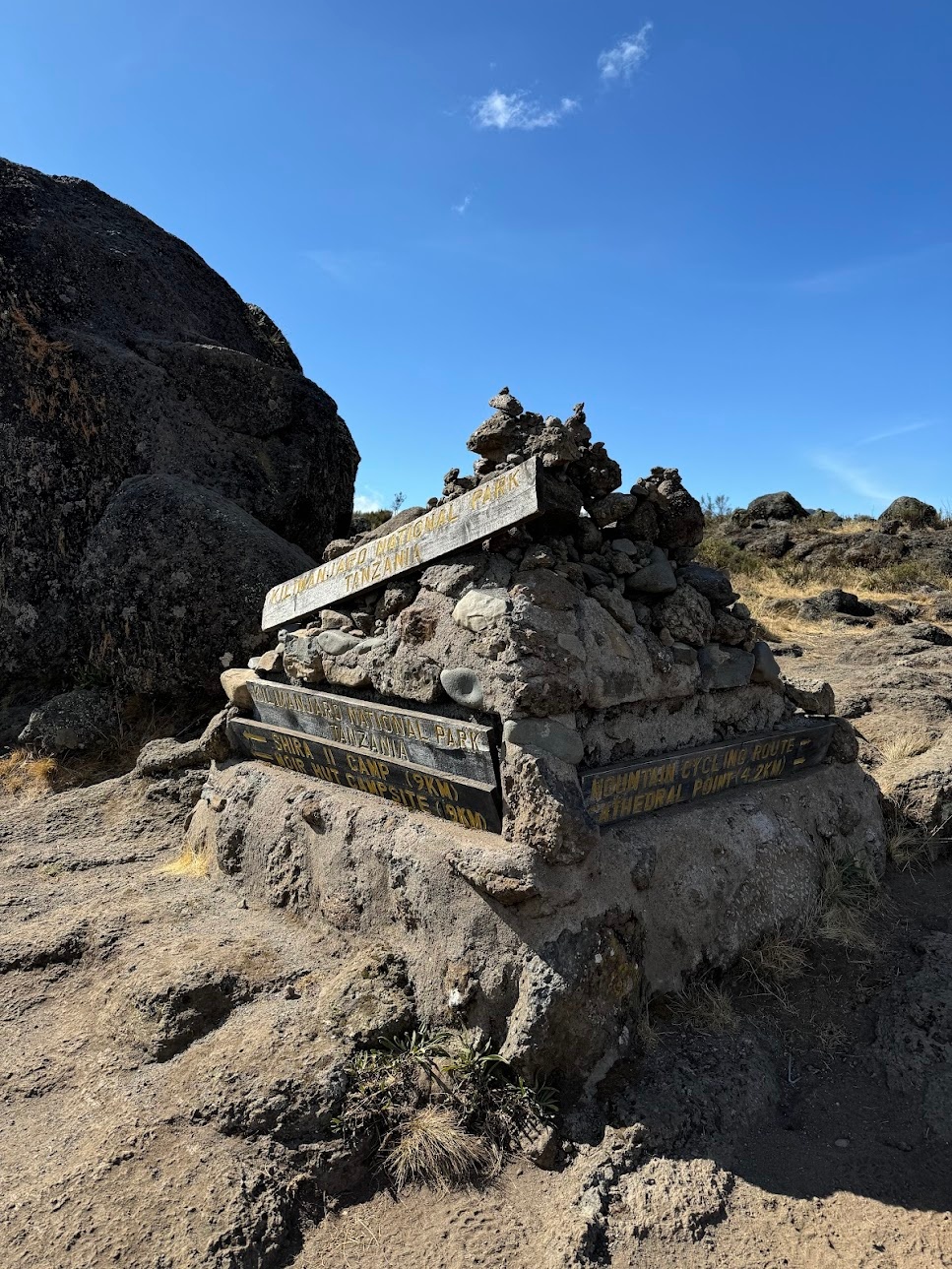 Stone with signs pointing the direction to other camps and routes