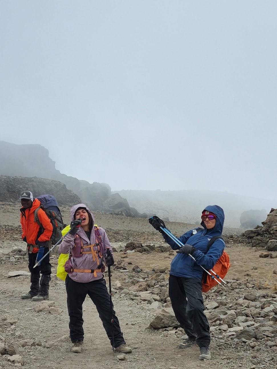 Two girls using our trekking poles as microphones and guitars