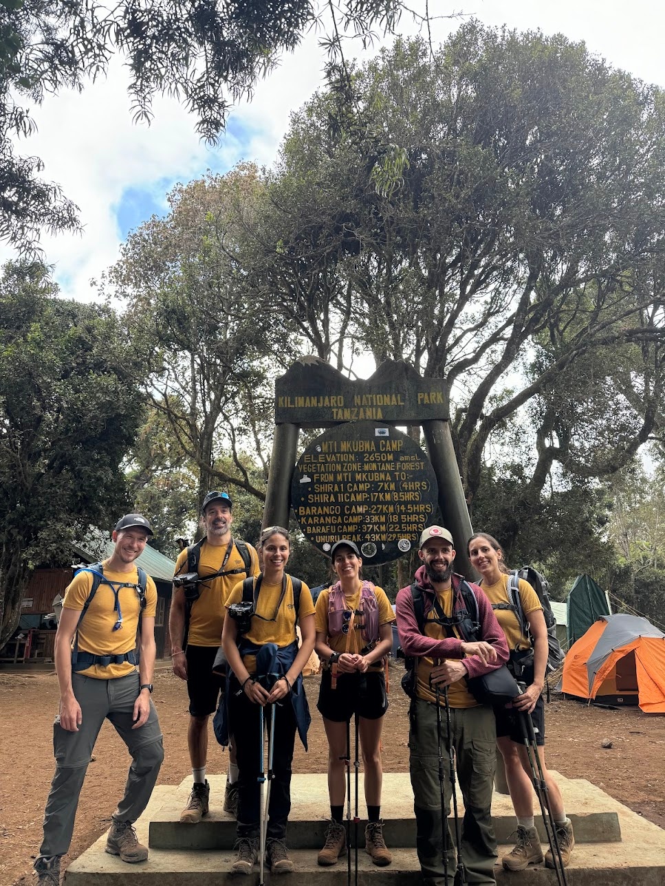 Arriving at Mti Mkubwa Camp, posing at the sign