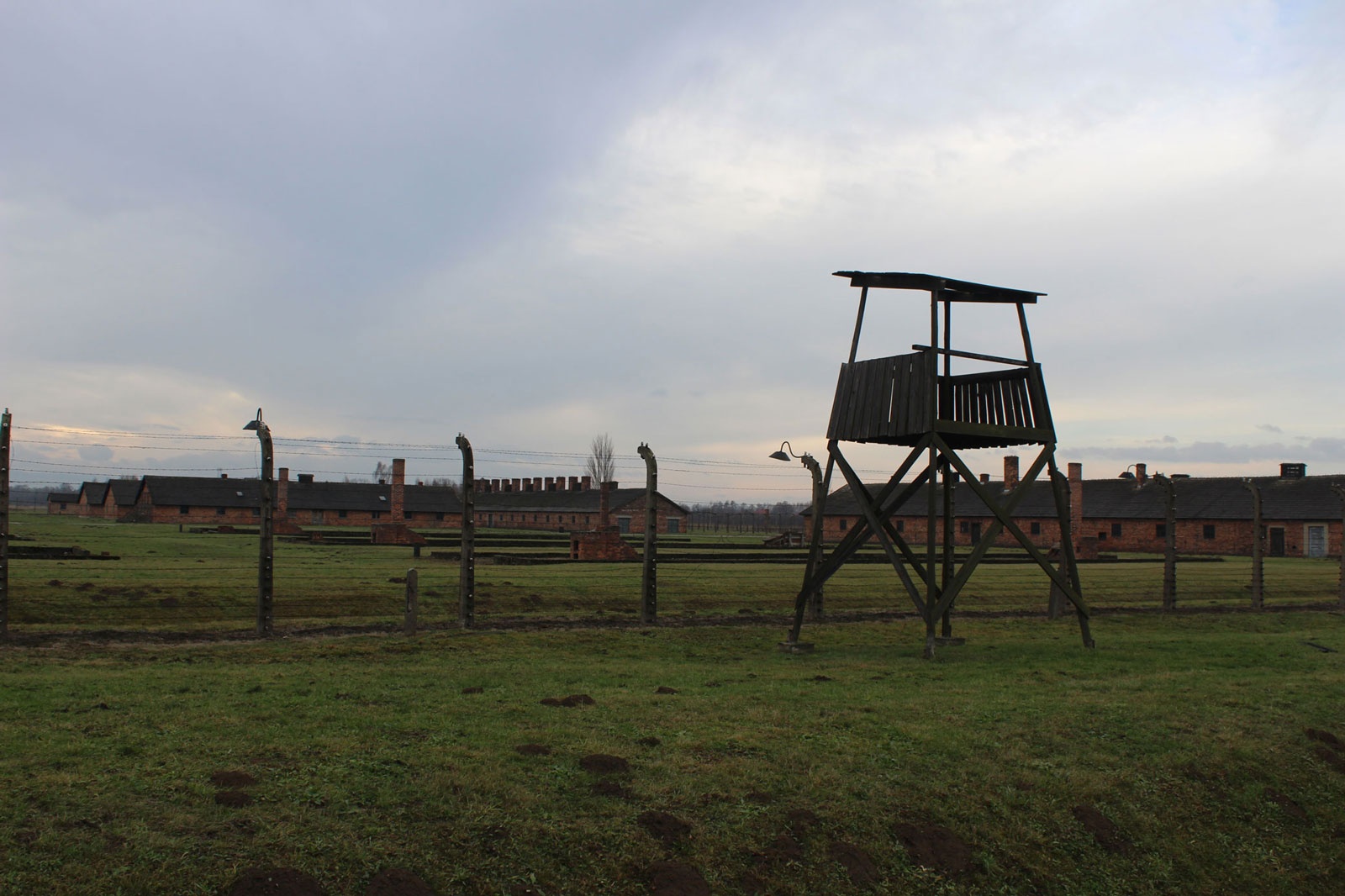 Watchtower and dismantled blocks at Birkenau