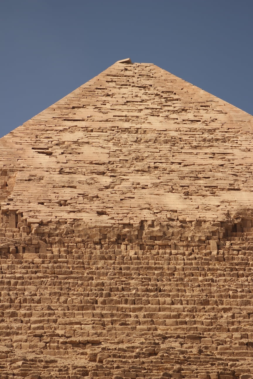 Detail of the top of the Pyramid of Khafre, with the original limestone still preserved.